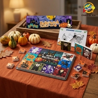 Puzzle Balok Bangunan Halloween dengan Papan Gambar - 2-in-1 DIY Mainan Edukasi Seni Melukis Kotak Hadiah untuk Anak-anak