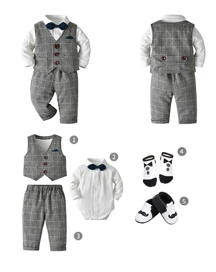 Hot Product Kids Formeel Pak Bowtie Top Geruit Vest En Broek Kleding Set Jongens Kinderen Smoking Pak Met Schoen Sok