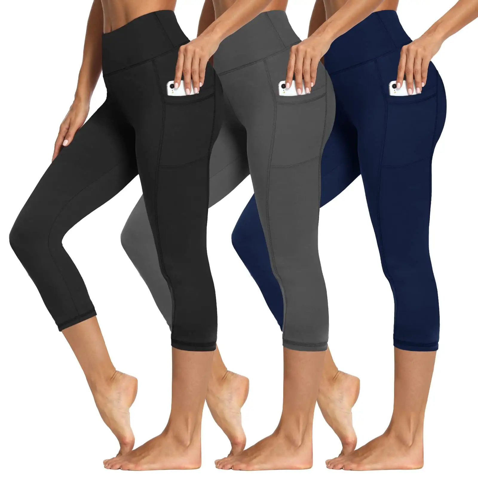 Custom Logo Capri Leggings Voor Vrouwen Hoge Taille Workout Boterachtige Soft Workout Gym Fitness Yoga Legging Met Zakken