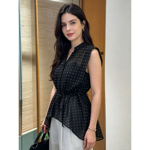 Atasan Wanita Tanpa Lengan Bahan Chiffon Transparan Motif Polkadot / Hitam Polos Kerah V dengan Ikat Pinggang Model Peplum 2026 - Product Image 2