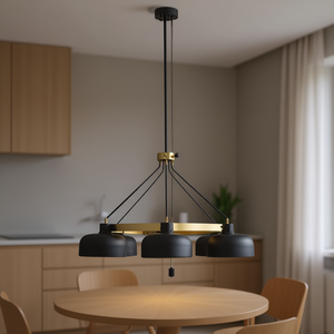 Lampadario a 4 luci con paralume in metallo nero, illuminazione a sospensione a tamburo per soggiorno, E26 LED 3500K bianco caldo - Product Image 2