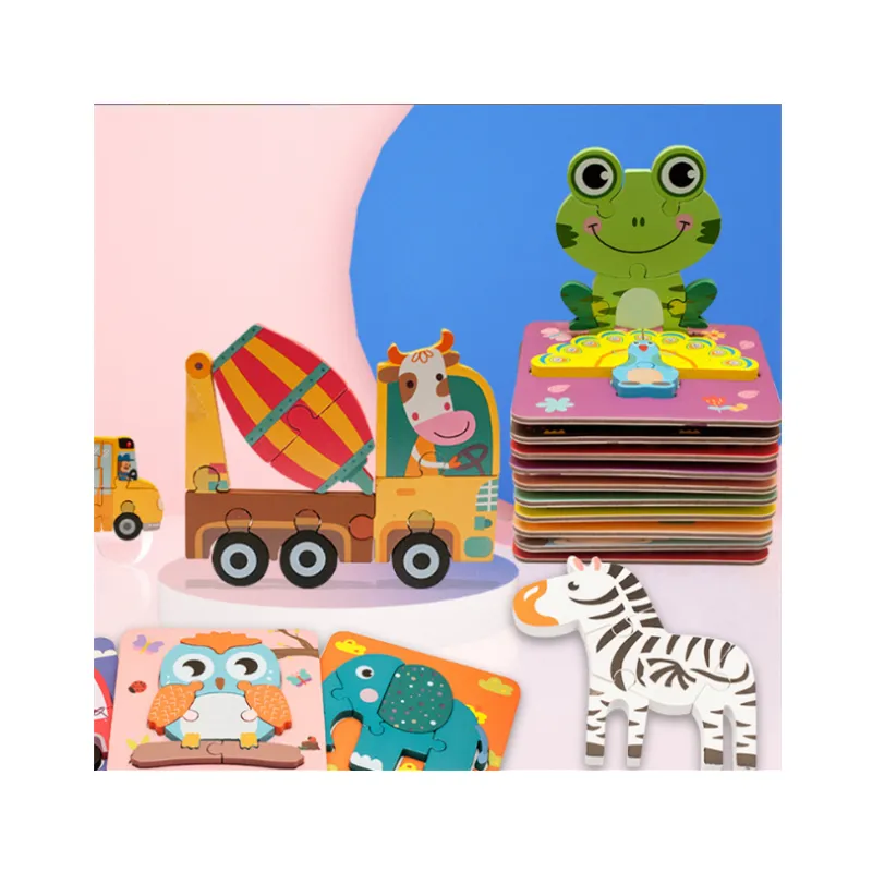 Quebra-cabeça de madeira para crianças, quebra-cabeça de madeira montessori educacional para crianças, quebra-cabeças de animais de desenho animado para bebês, 15x15 cm