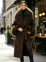 Manteau en cachemire et laine pour femme Janveny 2026, nouvelle collection hiver, avec col et poignets en fourrure de mouton de Mongolie véritable, ceinture, mélange de laine