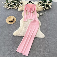 Ensemble robe décontractée d'hiver rose doux, sexy, à col licou, avec boutons perlés, veste courte en maille, ajustée, rayée et respirante