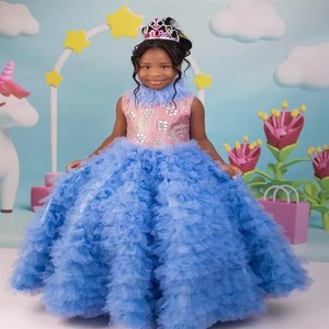 Robes de demoiselle d'honneur en tulle luxueux à volants, col haut en cristal, jupe bouffante à étages, <span class=keywords><strong>robe</strong></span> de bal d'anniversaire pour les petites filles - Product Image 6