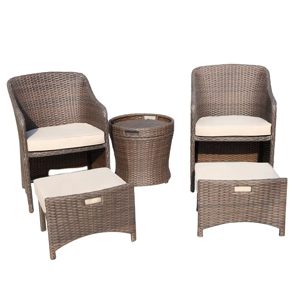 5pc resina de mimbre al aire libre muebles de mimbre PE Chat conjunto pequeño Patio con sillón taburete cojín y Mesa