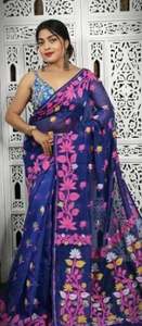 Sari Jamdani exclusif Lota, robe de mariée à motif écossais Tassar, motif asymétrique, écologique, séchage rapide, poids moyen, en soie/coton tissé - Product Image 2