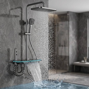 Ensemble <span class=keywords><strong>de</strong></span> <span class=keywords><strong>douche</strong></span> cascade et pluie <span class=keywords><strong>thermostatique</strong></span> à affichage numérique LED gris anthracite, style moderne et luxueux, avec touches piano, pour salle <span class=keywords><strong>de</strong></span> bain <span class=keywords><strong>d</strong></span>'hôtel - Product Image 1