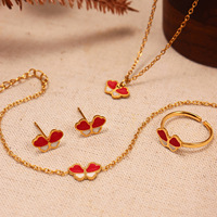 Ensemble de bijoux nœud en émail blanc rouge Collier en acier inoxydable Bracelet Boucles d'oreilles Suite pour filles Collection de cadeaux Saint Valentin