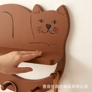 Cat Shaped Wall Mounted <b>Shelf</b> With <b>Hooks</b> For Keys Hats And Coats Entryway Storage Organizer Wooden Two Tier Design - Product Image 4