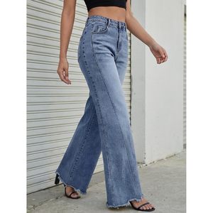 Jean large pour femme, taille haute, en denim extensible, avec ourlet brut, style ample pour un look décontracté - Product Image 3