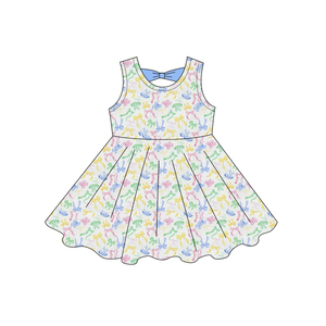 Vestido infantil GSD3858 personalizado para niña, con estampado de lazos coloridos, venta al por mayor, vestido de manga corta para bebé. - Product Image 1