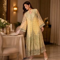 Abaya musulmane en mousseline élégante et modeste avec motif imprimé raffiné et strass thermocollants, idéale pour les festivals, mariages et banquets