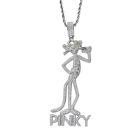Collier pendentif hip-hop en laiton plaqué or véritable avec zircon, motif dessin animé, avec pendentif panthère rose