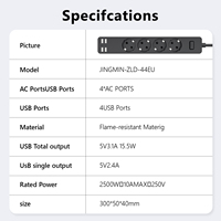 JINGMIN - Regleta de Alimentación con Cable de Extensión de 1.5M y 2500W, 4 Puertos USB Tipo C, Protección Contra Sobrecargas, Interruptor de Seguridad, Enchufe con Garantía de 12 Meses