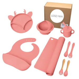 Spoon Bpa Free Mat Plate Bowl Safe Division Fork Food Grade Suction Deer Horn Cup 7 Piece Set Kid Bib Silicone Baby Feeding Set