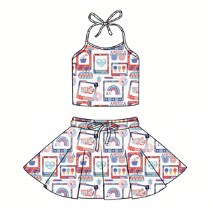 Conjunto Personalizado para Niñas del 4 de Julio, Top Halter con Lazos Rojos, Azules y Blancos y Falda, Ropa de Boutique para Niñas del 4 de Julio - Product Image 2