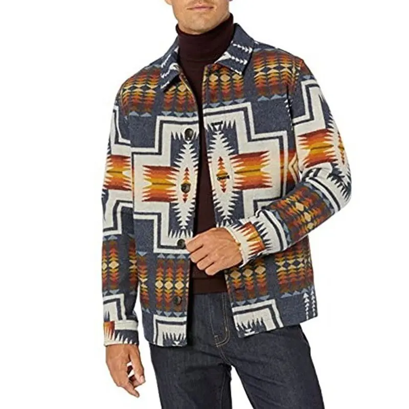 Western Clothing Custom Plus Size Men's Geometric Pattern Single Breasted Turndown Aztec Style Coats Jackets For Men