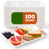 Barquette alimentaire jetable en bagasse de canne à sucre à compartiments multiples, compostable et biodégradable, pour plats à emporter, avec logo personnalisé