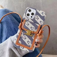 Étui de Téléphone en Cuir de Marque de Luxe avec Longue Sangle pour iPhone 16 15 14 13 12 Pro Max, Coque Populaire pour Femme avec Porte-Cartes