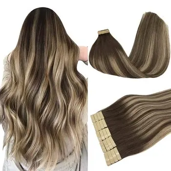 엉킴 무료 Balayage Brizoan 미니 테이프 실제 사람의 머리카락 확장 100% 인간 더블 드로잉 테이프 헤어 확장 살롱에 대 한