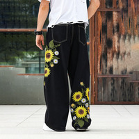 Personnalisation de haute qualité - Design innovant de broderie tournesol - Jeans tendance pour hommes - Pantalon droit ample style urbain