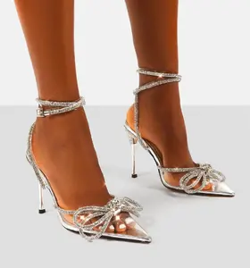 Usine clair Perspex Wrap Around Diamante Bow Pointed Toe Sandales à talons hauts
