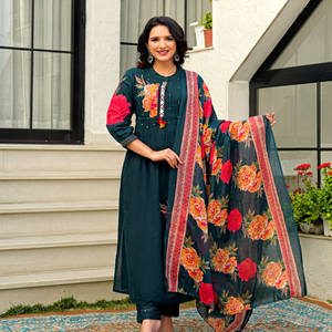 Elegant Turquoise 60x60 Cotton A Line <b>Suit</b> Set with <b>Floral</b> Handwork Kurta Coordinated <b>Trousers</b> and Printed Dupatta for Women - Product Image 1