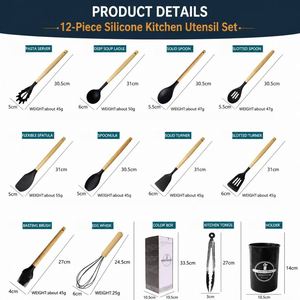 LA Custom Logo 12 Pcs Food Grade <b>Silicone</b> Cookware Set Free Wood Handle Heat Resistant <b>Kitchen</b> Baking BBQ <b>Utensils</b> OEM ODM - Product Image 2