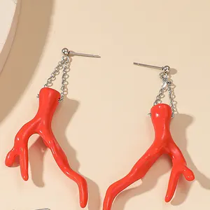 Fashion Design Silver Plated Red Resin Imitates Coral Dangle Earrings Fashion Jewelry Women Acrylic Drop Stud Earrings
