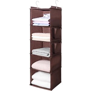 Organisateur de placard suspendu à 5 étagères avec 2 poches latérales, rangement pliable pour vêtements et serviettes de chambre à coucher, marron - Product Image 1