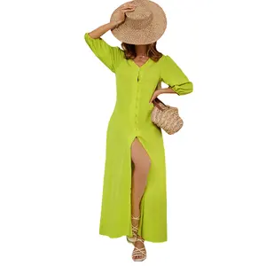 C CLOTHING Summer V-Neck Button Beach Dress 2024 Shirt Dresses Women Casual Maxi Dresses