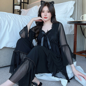 Pajamas Women Suit with Bows Sexy Lace <strong>Nightdress</strong> Mesh Elegant Sweet Solid Girl <strong>Black</strong> Sleepwear Long Sleeved Home Clothes - Product Image 4