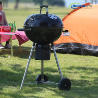 Pemanggang BBQ Arang dengan Tutup Hitam Mengkilap, Termometer, Ventilasi Udara, Penampung Abu, Roda, dan Penyangga Tripod