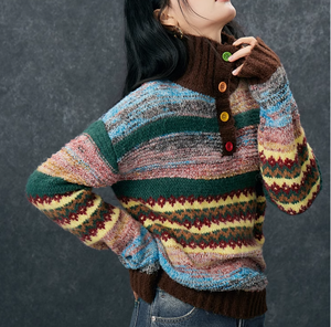 Nouveau pull en tricot rayé géométrique couleur Maillard pour femme, style rétro, automne-hiver 2025 - Product Image 2