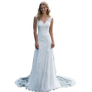 Simple <b>Lace</b> V Neck Wedding Dress A Line <b>White</b> With Zipper Natural Waistline 2026 Style - Product Image 5