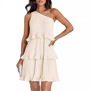 Abito Midi Estivo Casual da Donna 2026 per il Commercio Estero Transfrontaliero Euro-Americano, <span class=keywords><strong>Monospalla</strong></span> con Orlo a Pieghe Stratificate Colore Macaron - Product Image 4