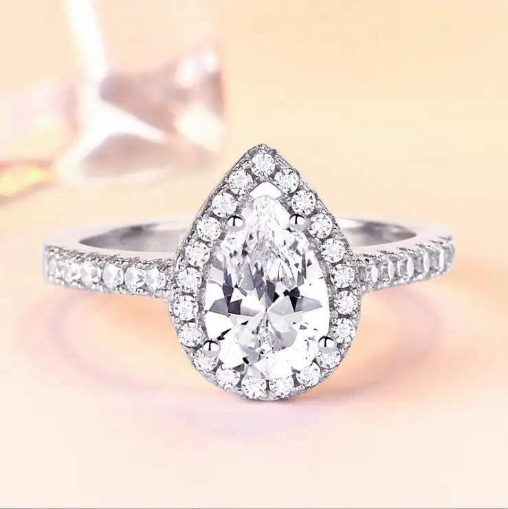 wholesale custom pear shape 925 sterling silver cubic zirconia engagement ring for women