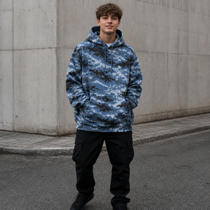 Sudadera con capucha de doble capa personalizada, estampado de camuflaje Pixel, corte holgado, forro polar cepillado, estilo urbano, unisex, 100% poliéster, ODM - Product Image 1