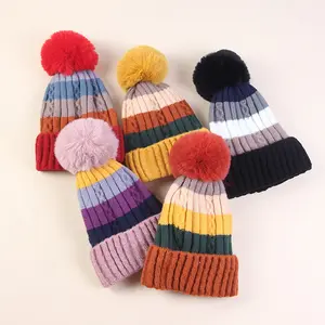 Fake Fur Ball Women Winter Cap Ribbed Wool Blend Knitting Beanie Hat