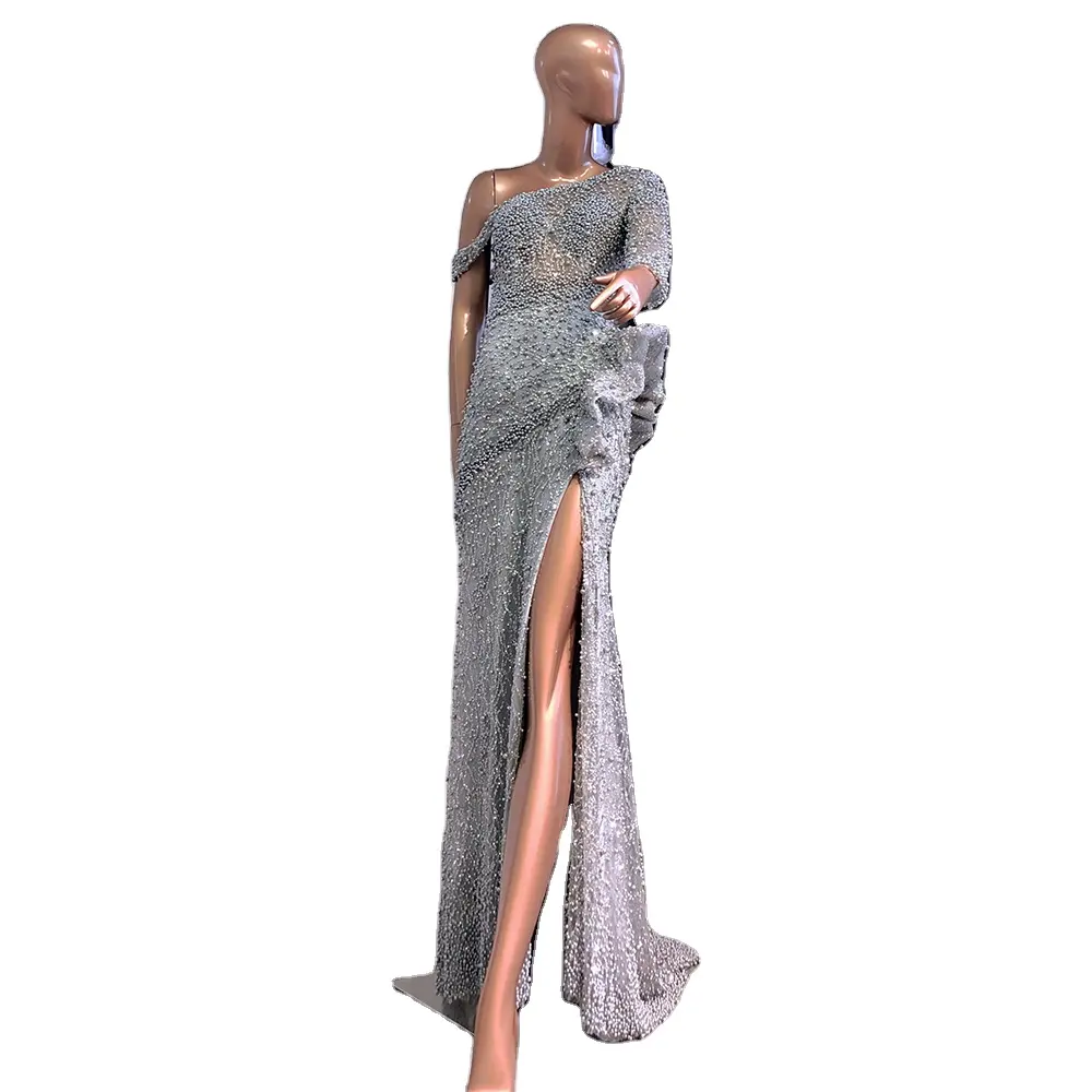 Grey Pearls One Shoulder Evening Gowns 2022 Serene Hill LA71622 Mermaid Open Slit Elegant Party Dresses For Women