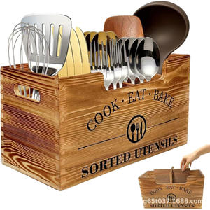 Caja organizadora de cubiertos de madera con divisores, almacenamiento de cocina montado en la pared para cuchillos, tenedores, cucharas, palillos, madera maciza, color retro - Product Image 1