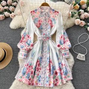 Floral printing Vintage National Style Stand-up Collar Single breasted Lantern Sleeves Women's Sweet Pleated Fairy Dress