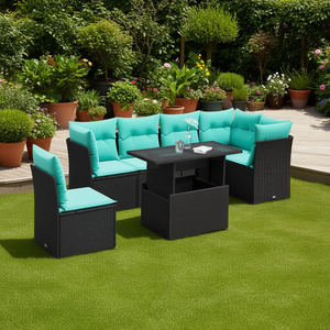 Juego de sofás de jardín de ratán sintético negro de 7 piezas con cojines, muebles de exterior, diseño contemporáneo - Product Image 2