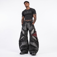 Jean déchiré Y2K pour homme, noir et gris, avec motif léopard, lacets croisés, déchirures, multi-poches, étiquette, coupe slim, OEM