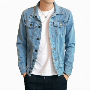 Veste en jean bleu clair pour homme, style vintage, décontractée, boutonnée, manches longues, coupe classique - Product Image 1
