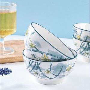 <b>Ceramic</b> Rice Bowl Set With Daffodil Design Stackable Household Steamed <b>Egg</b> Bowl 6pcs High Temperature Underglaze Decoration - Product Image 4