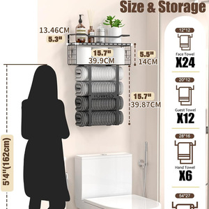 Porte-serviettes de salle de bain avec étagères, fixation murale, noir, 3 niveaux, pour serviettes et articles de toilette - Product Image 4