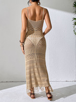 Joydressing Robe longue sexy beige en crochet à bretelles spaghetti, ajourée, avec ourlet à franges, cache-maillot de plage, robes en tricot, vente en gros