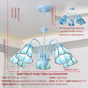 Lustre méditerranéen stratiforme à 3 lumières en fer forgé bleu clair avec mosaïque de verre en cristal pour villa côtière ou bistrot - Product Image 6